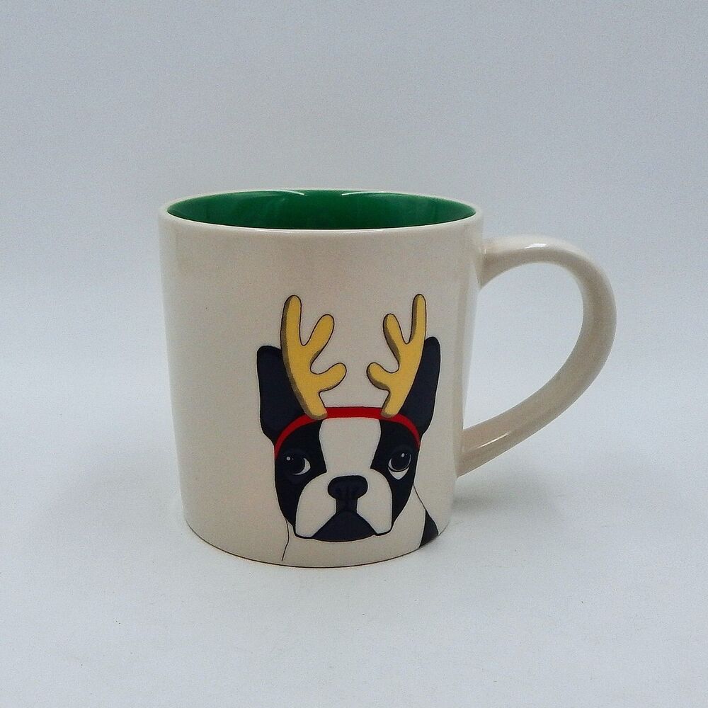 Magenta Christmas French Bulldog Mug Coffee Tea Cider Cup Dog W/Antlers White